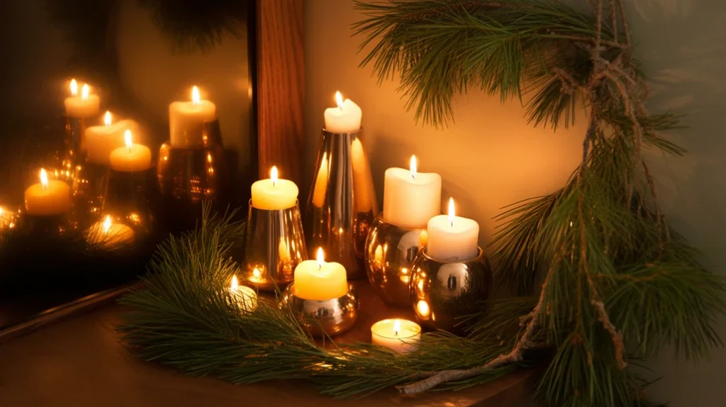 Candlelit Christmas decor corner with pine garland and flickering candles creating romantic glow