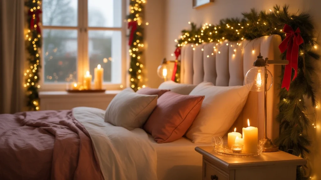 Warm Christmas bedroom lighting with fairy lights, bedside lamps, and soft holiday glow