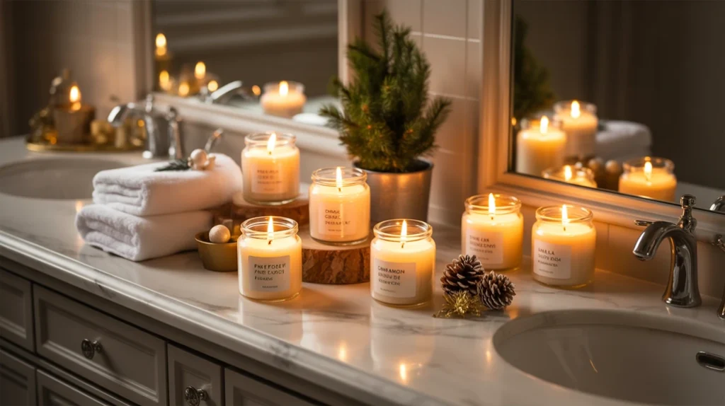 “cinnamon and pine-scented christmas candles glowing softly on a bathroom shelf”