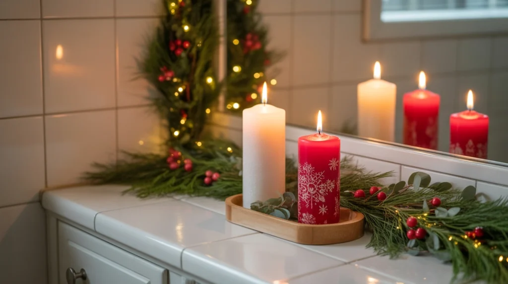 red and white christmas candles adding warm holiday glow to a classic bathroom