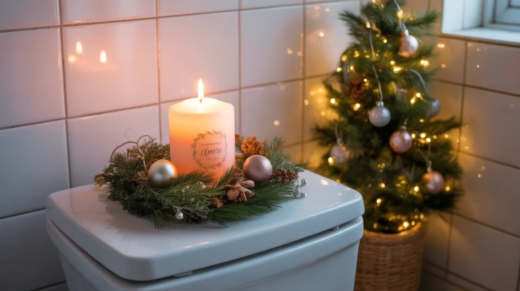 holiday scented candle on toilet tank with pine accents for warm christmas bathroom decor