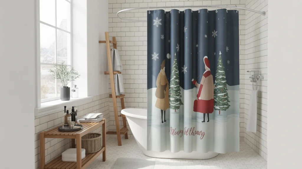 Festive Christmas shower curtain with winter patterns adding a cheerful holiday look to the bathroom