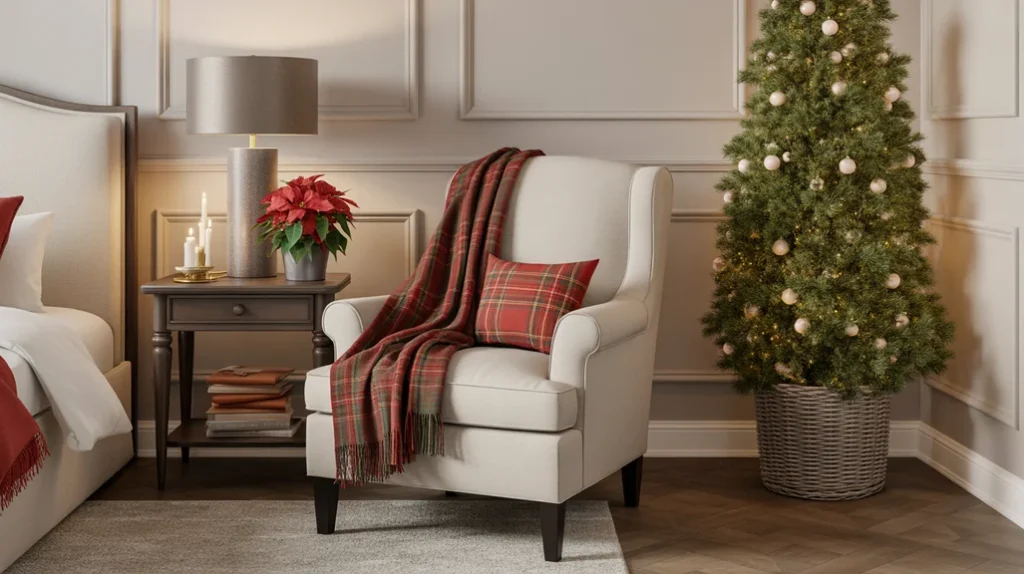 Cozy sitting area in large bedroom with plaid throw, candlelight, and poinsettia holiday accents