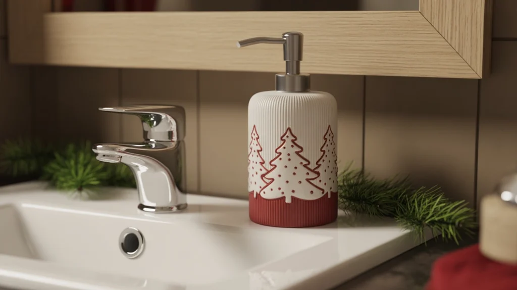Red ceramic Christmas soap dispenser on a small vanity with simple winter accents.