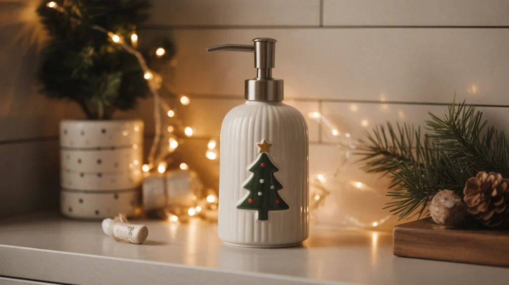 christmas-themed soap dispenser styled on a modern apartment vanity