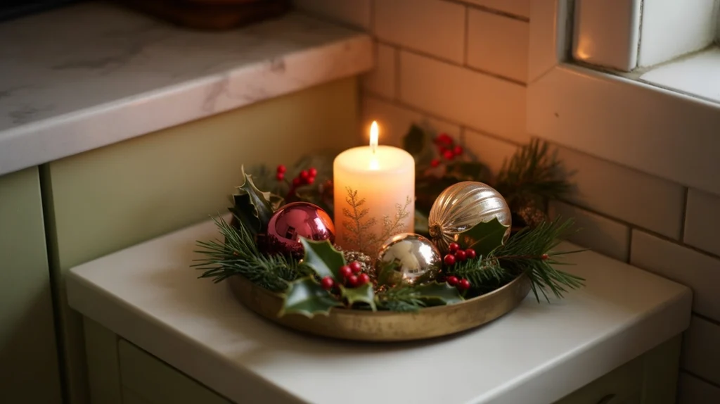 Compact Christmas tray with candle, greenery, and ornaments styled neatly in a small apartment kitchen