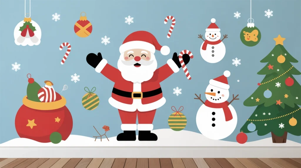 removable Christmas wall decals with Santa, snowflakes, and candy canes in children’s bedroom