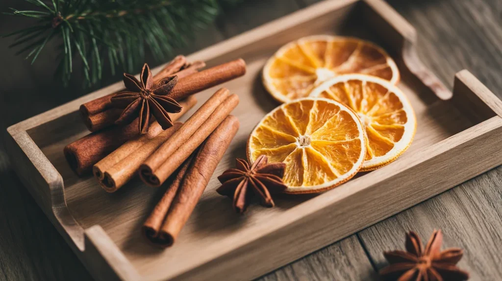 Cinnamon sticks and dried oranges styled on a wooden tray for warm natural Christmas bathroom décor.