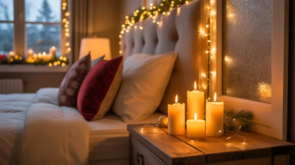 Soft lighting and candles creating warm Christmas glow in guest bedroom