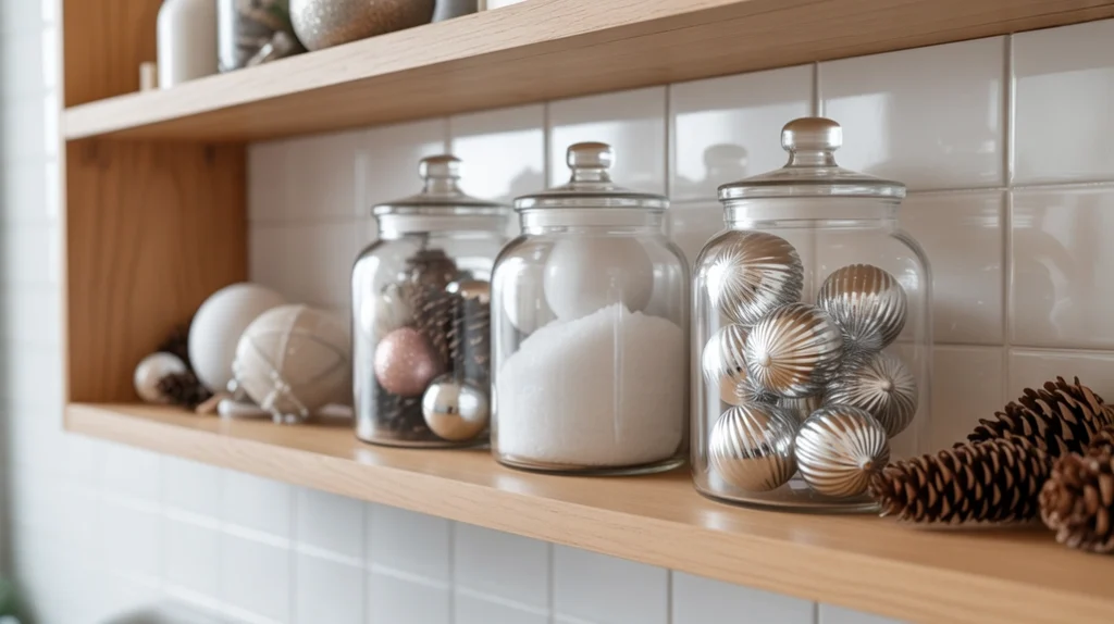 clear jars filled with ornaments and bath essentials for Christmas shelf decor