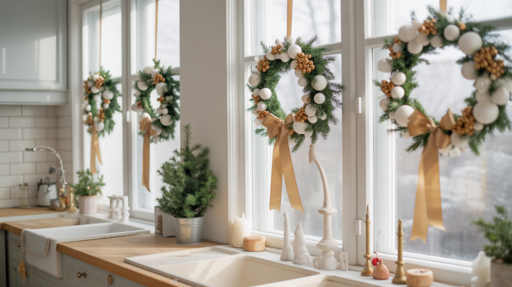 White and gold Christmas wreaths hanging on kitchen windows with satin ribbons for a modern and elegant holiday touch.