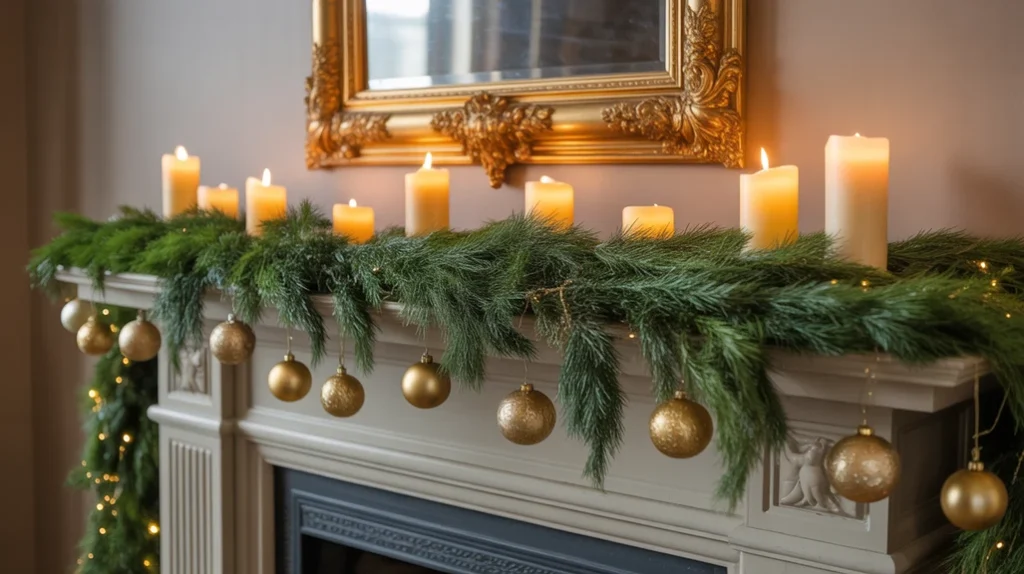 Fireplace mantel with emerald garlands, gold ornaments, and candles adding holiday elegance and warmth.