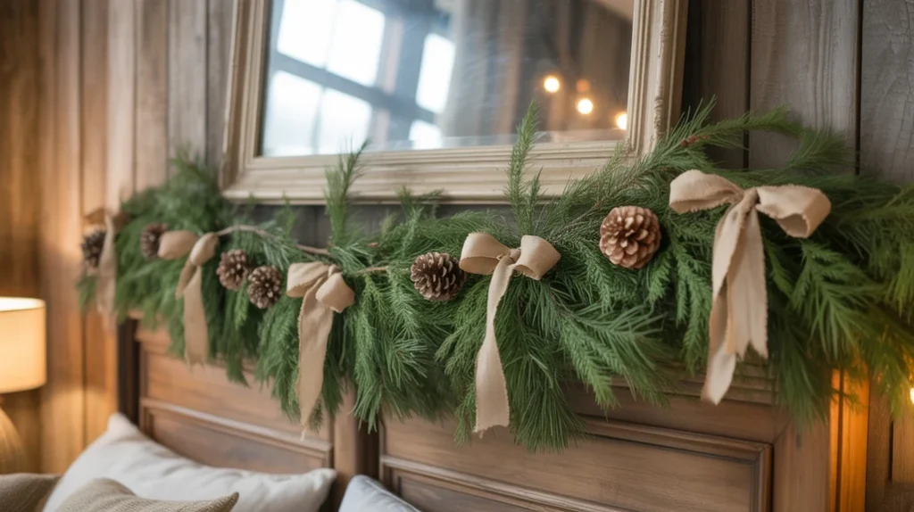 Evergreen garlands and Christmas wreaths with pinecones and burlap ribbon adding farmhouse charm