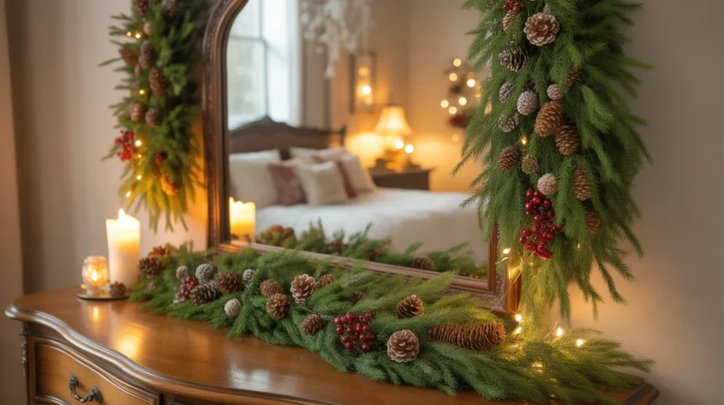 Evergreen garlands with pinecones and red berries decorating a cozy Christmas bedroom dresser