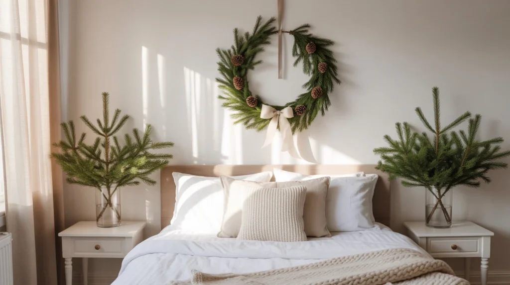 Evergreen branches and wreath adding natural holiday charm to Scandinavian-style bedroom