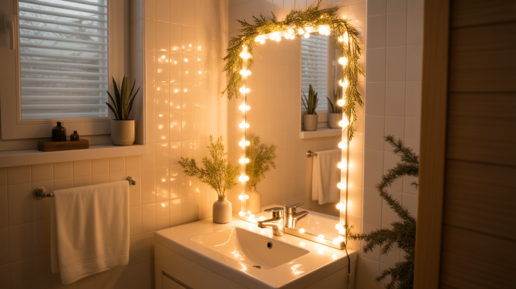 bathroom mirror wrapped with warm fairy lights for a soft festive holiday glow