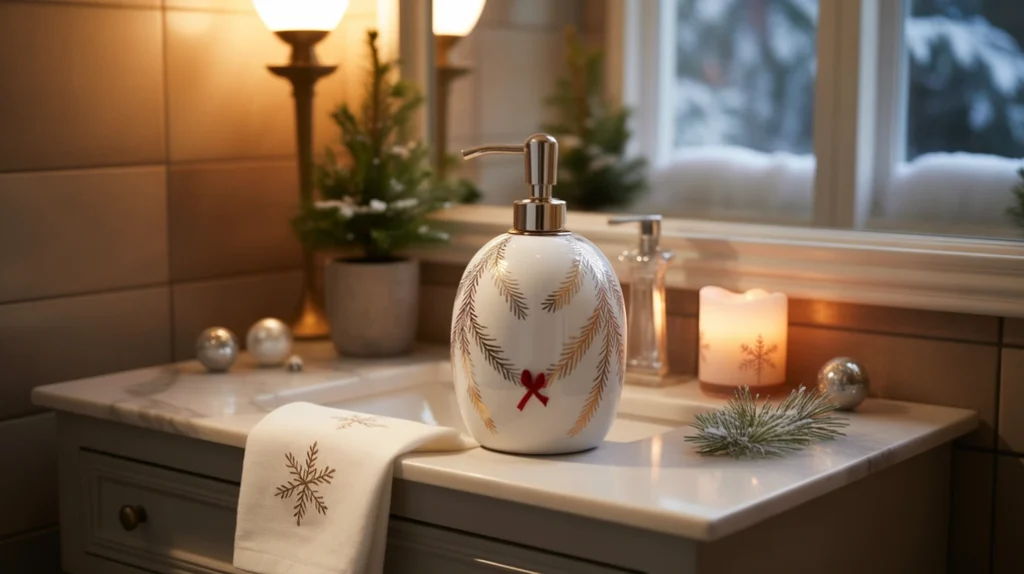 festive christmas soap dispenser on a clean vanity with subtle seasonal accents