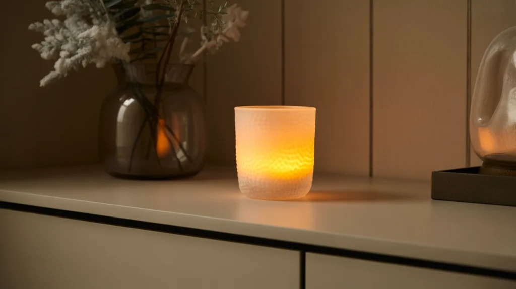 frosted glass candle glowing softly on a vanity for a warm modern winter look