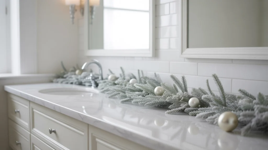 white christmas wreath with frosted greenery hanging in a bright bathroom