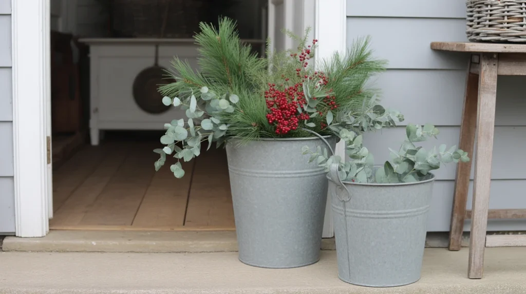 “Galvanized buckets filled with pine branches for a vintage farmhouse Christmas entryway”