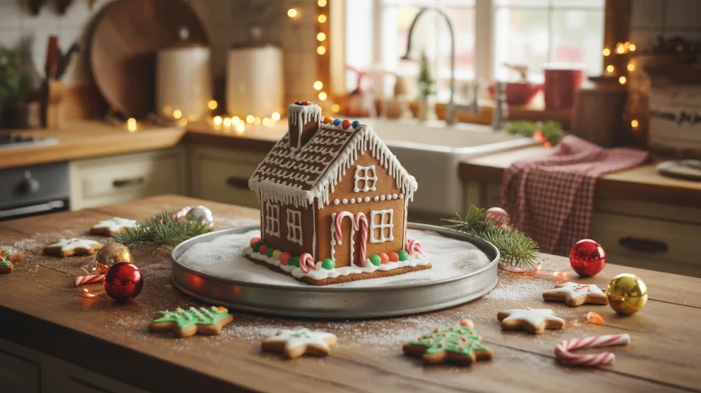 gingerbread house centerpiece on tray with faux snow, cookies, and whimsical christmas decor
