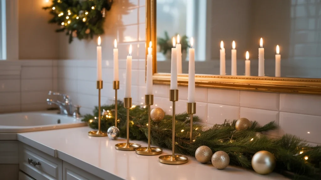 gold candle holders glowing softly in a festive holiday bathroom with greenery