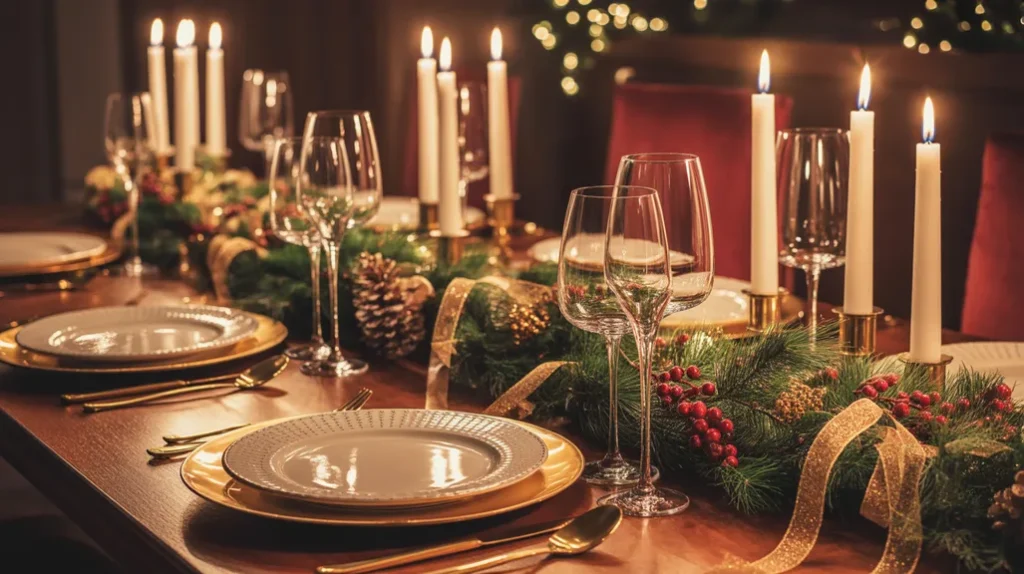 Elegant gold Christmas table accents with greenery and warm holiday lighting