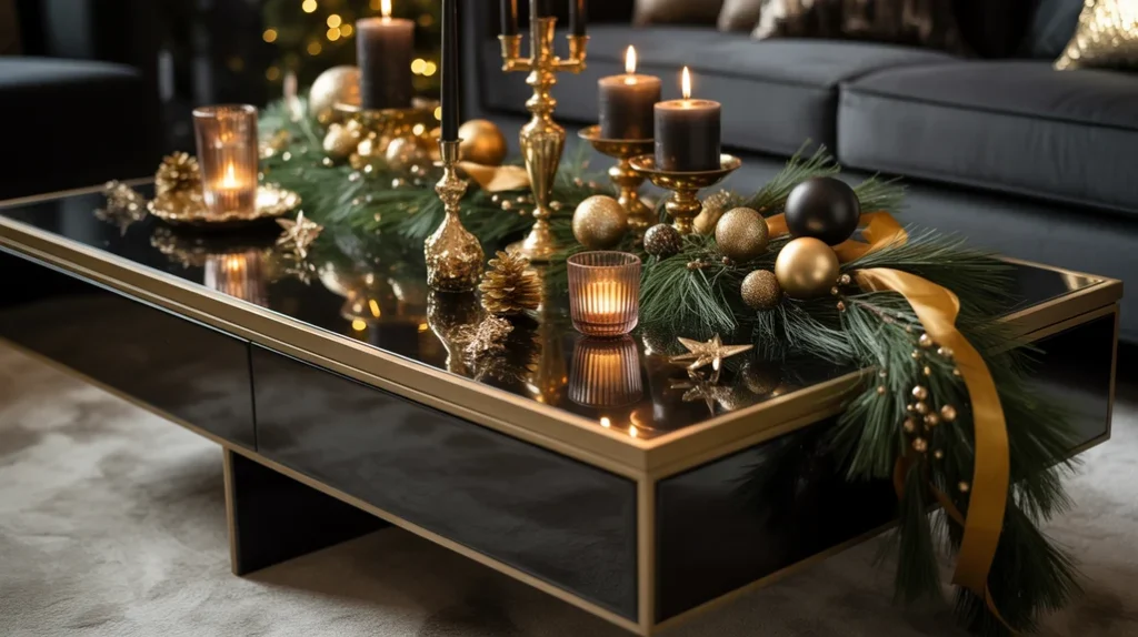 Gold-trimmed coffee table styled with candles and ornaments in a black and gold living room.