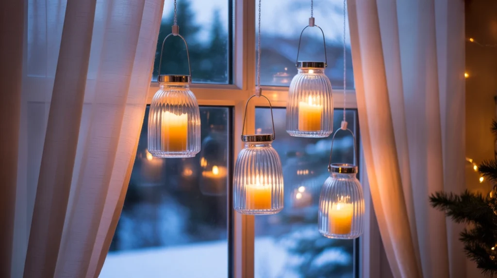 Hanging Christmas lanterns glowing softly by the window adding cozy winter lighting to the home.