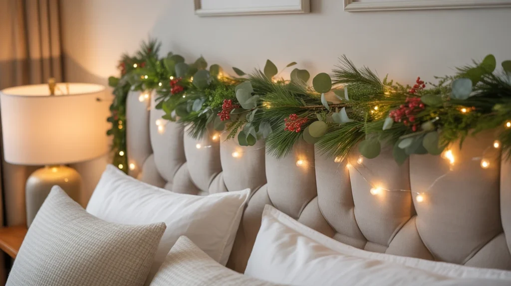 Pine garland with red berries and fairy lights above a Christmas bedroom headboard