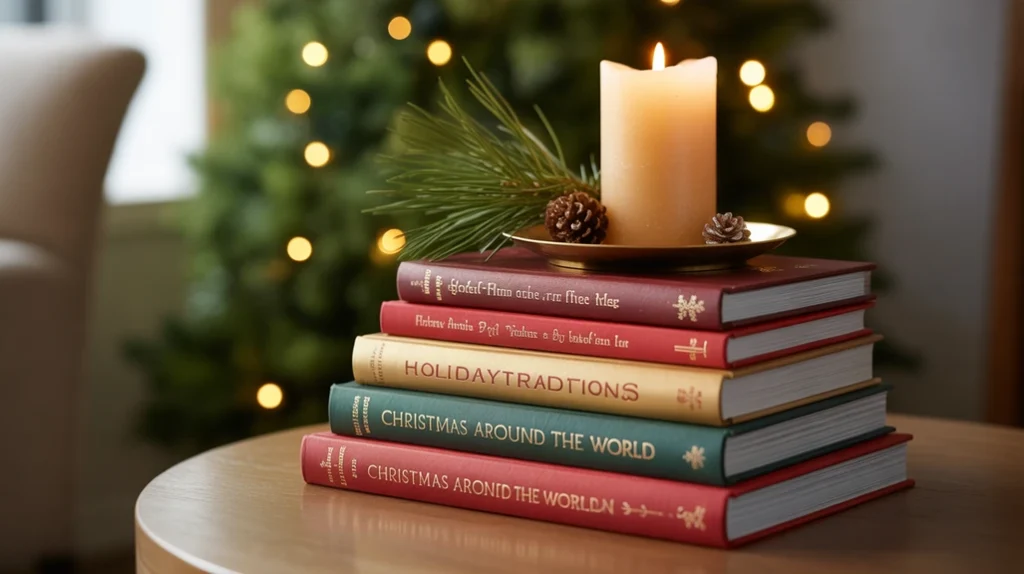 “Christmas coffee table decor using holiday books and candles for layered festive look”