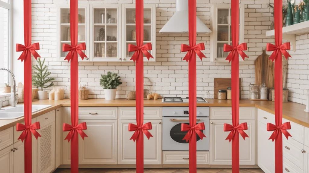 Kitchen cabinets wrapped in red satin ribbons with bows giving a gift-like festive appearance