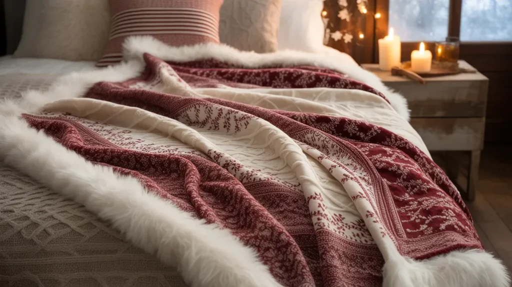 soft faux fur and knitted holiday throw blankets styled for cozy christmas bedroom decor