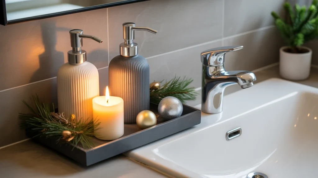 decorative tray with candle, soap dispenser, and greenery on a holiday bathroom sink