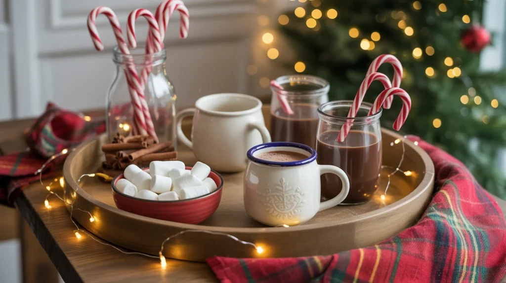 cozy christmas hot cocoa bar with mugs, marshmallows, and candy canes on wooden tray
