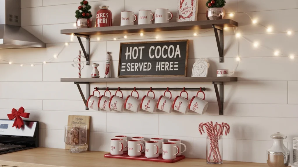 Festive hot cocoa bar wall setup with mugs, candy canes, and Christmas decor creating a cozy kitchen corner.