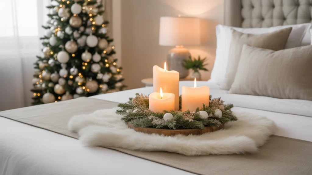 Cozy fabrics and textured mats under candles and ornaments for Christmas tabletop styling