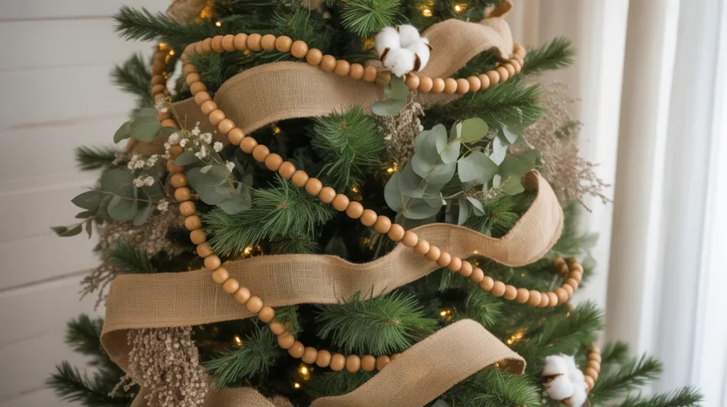 Layered beaded and burlap garland on a farmhouse Christmas tree for added rustic depth.