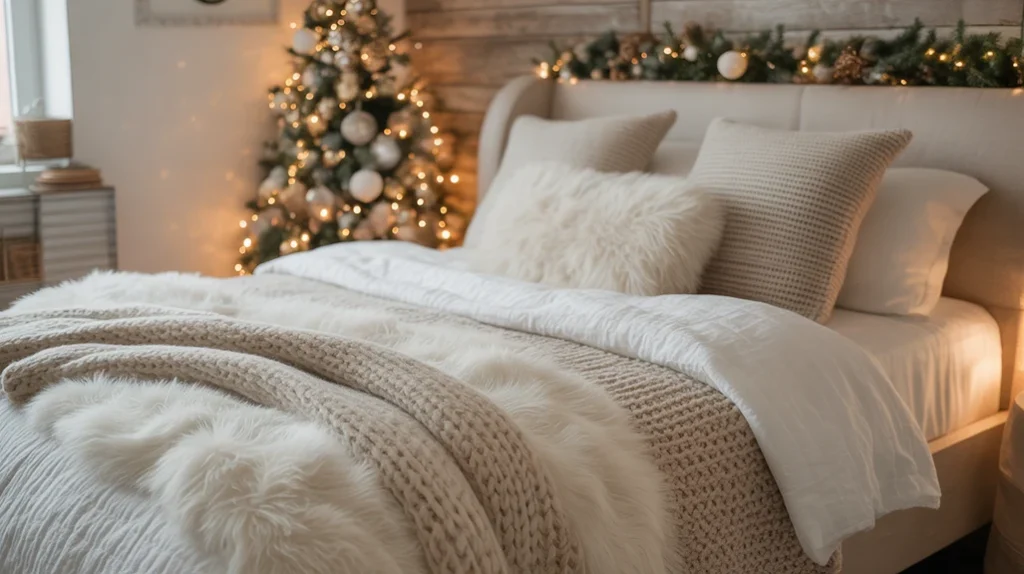 Layered knitted and faux-fur blankets creating cozy Christmas bedding and textured winter look.