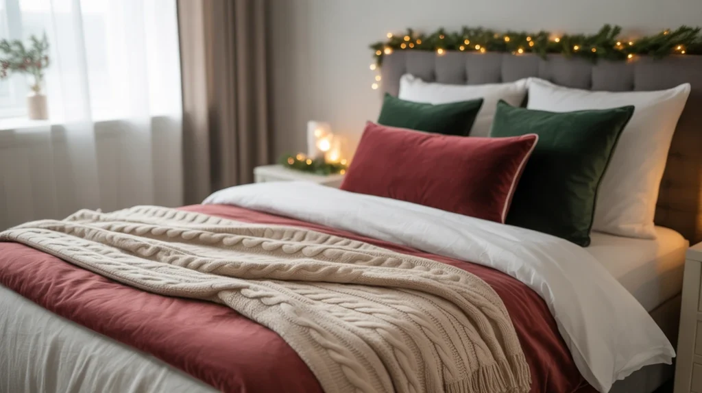 Layered textures with velvet and knit bedding adding warmth to a modern Christmas bedroom design