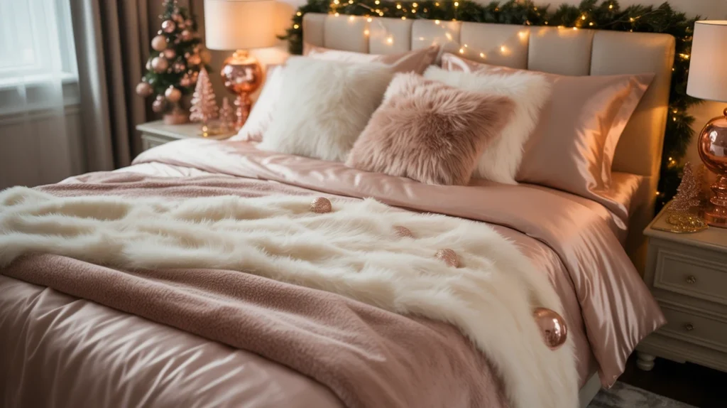 velvet, silk, and faux fur layers in soft tones adding warmth and dimension to rose gold Christmas bedroom ideas