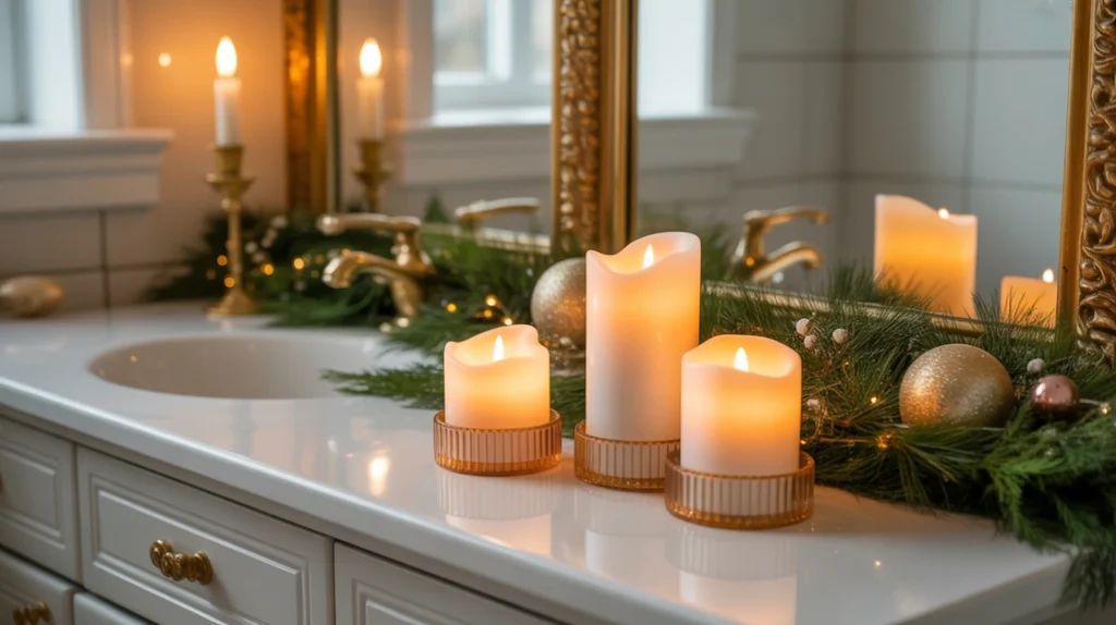 warm LED candles adding cozy luxe lighting to a glam christmas bathroom setup
