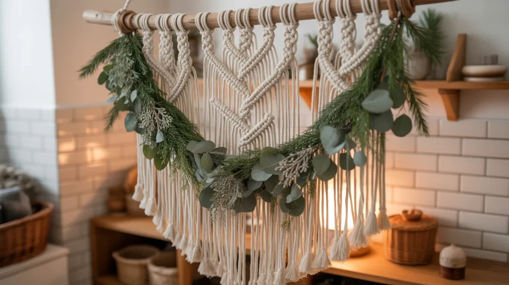 macrame wall hanging with greenery adding soft texture to boho christmas bathroom decor