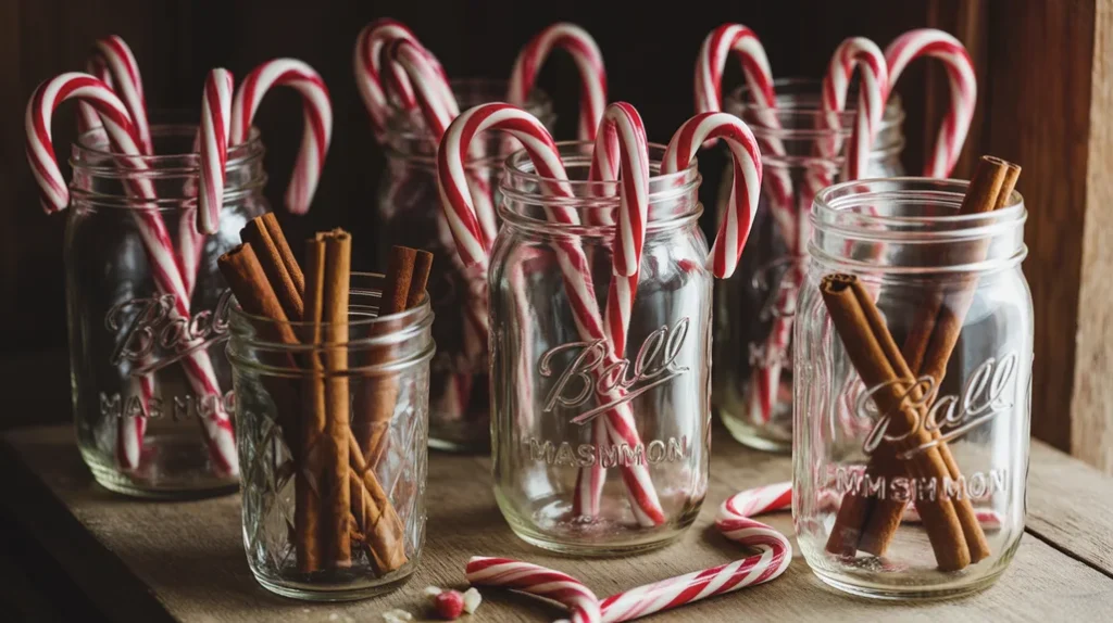 mason jars filled with candy canes and cinnamon sticks for rustic christmas kitchen decor