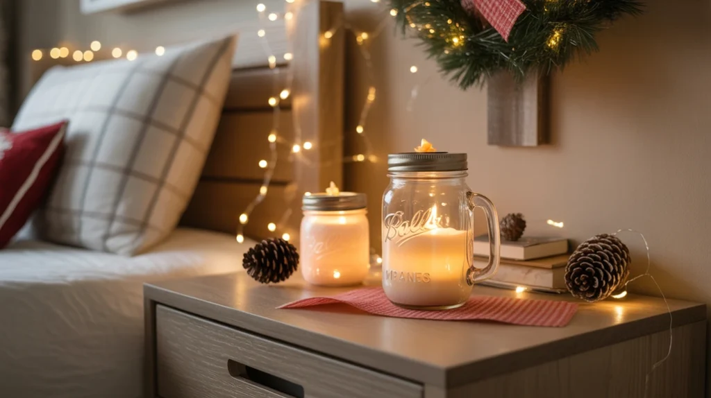 Mason jars filled with LED candles and fairy lights used as rustic DIY Christmas lighting ideas for bedroom.
