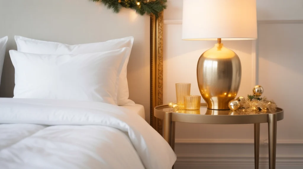 Modern white bedroom with metallic gold furniture and accessories styled for the holidays.