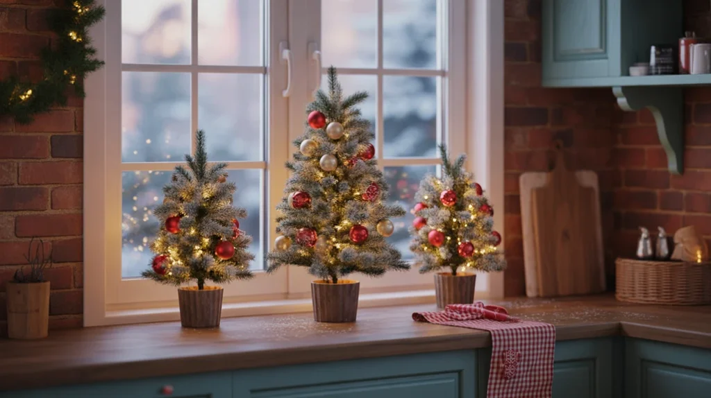 Mini Christmas trees placed on a kitchen windowsill with ornaments and soft lights, cozy festive window decorations.