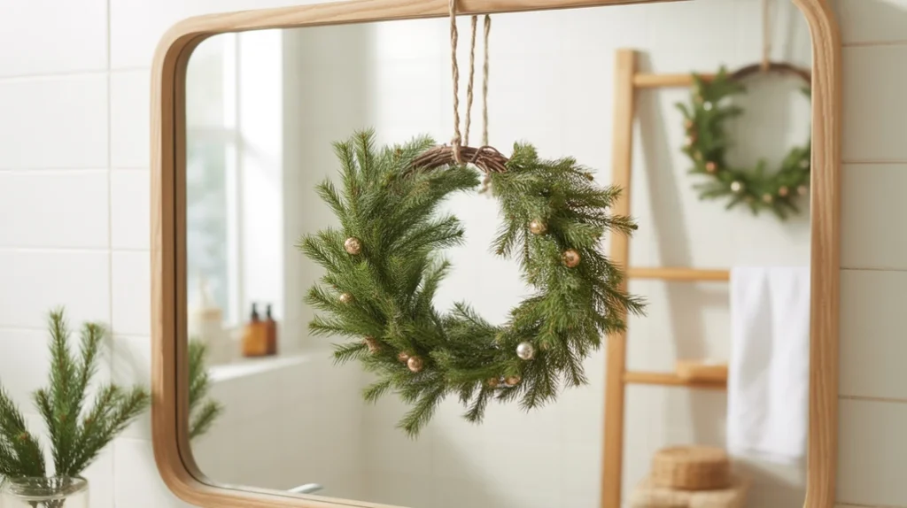 small pine wreath hanging on mirror for simple rustic farmhouse holiday look