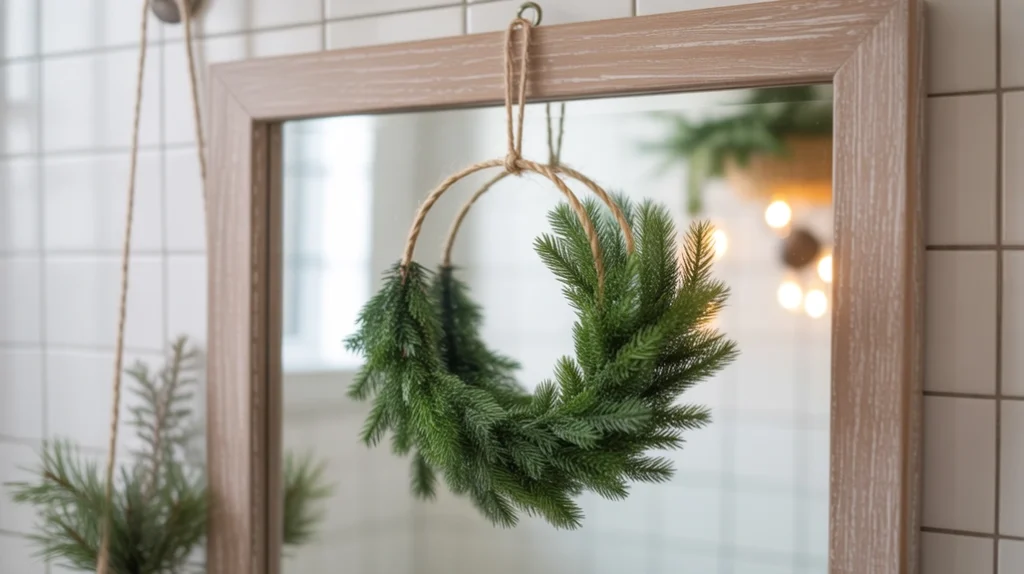 small pine wreath hung on mirror for simple rustic farmhouse christmas style