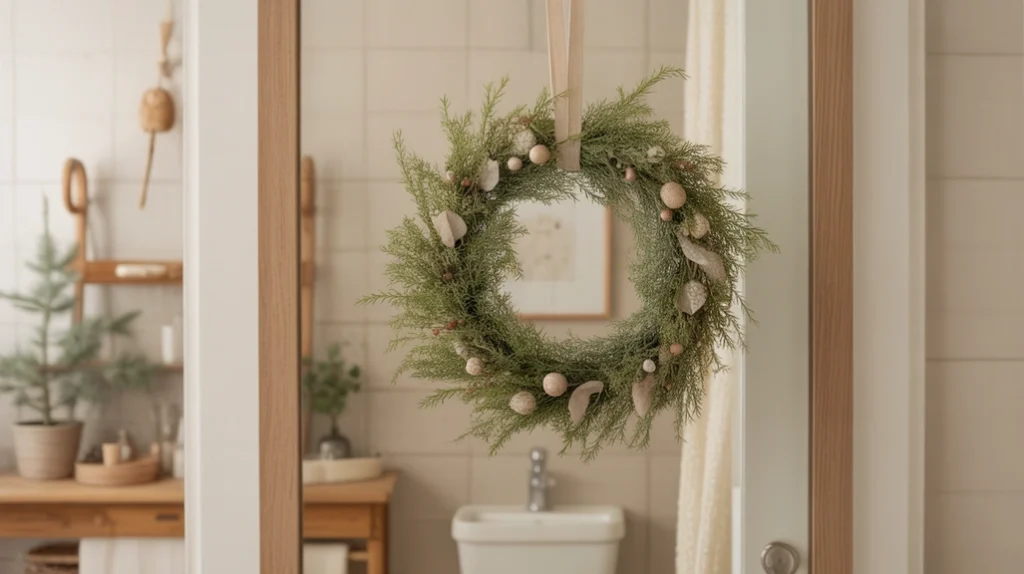 Minimal rustic Christmas wreath made with natural greenery for a Hygge-style bathroom.